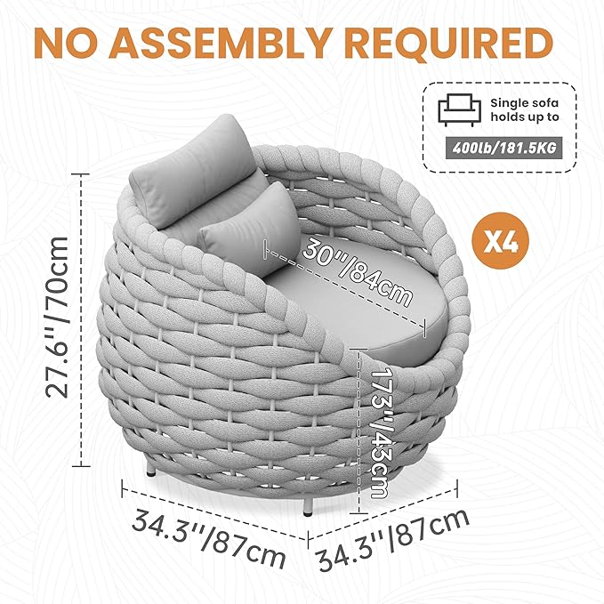 4 PCS Patio Deck Accent Chair: Large Woven Rope Chair Cushioned - Aluminum Modern Single Lounge Armchair Assembled - All Weather Outdoor Seating for 400lbs Lanai Balcony Porch Garden Hotel, Gray