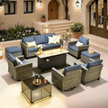 ovios 10 Pieces Patio Furniture Set with Swivel Chairs Rocking Gliders, 54" Fire Pit Table, Outdoor Sofa Couch with Solar Lights Table, Modern Deep Seat Wicker Rattan Conversation Set, Denim Blue