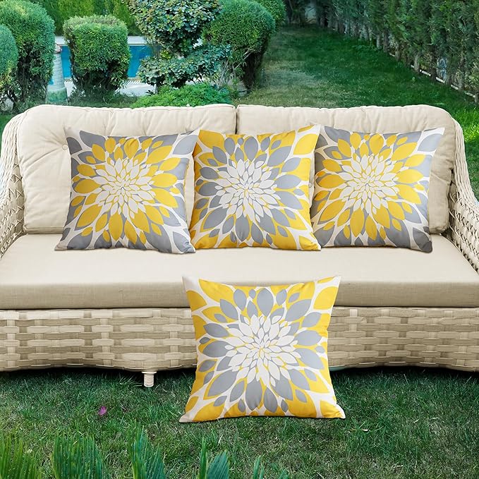 Qahing Pack of 4 Fall Outdoor Waterproof Pillow Covers 20x20 Decorative Outdoor Throw Pillows Garden Square Cushion Cases for Patio Furniture, Couch, Tent Sunbrella, Bench, Mustard Yellow Grey
