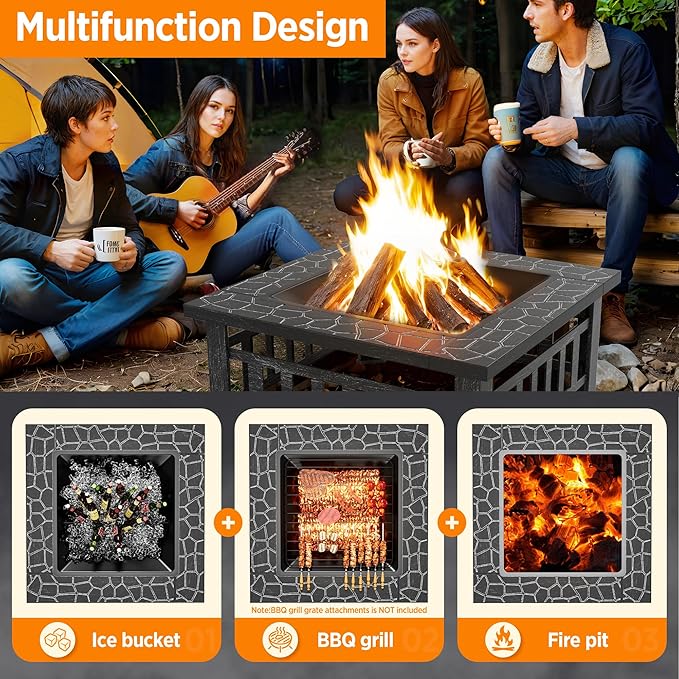 Flamaker Outdoor Fire Pit 32 Inch Firepit Tables Backyard Mutifunctional Square Metal Stove Wood Burning with Cover Poker for Patio, Camping, Bonfire (Silver)