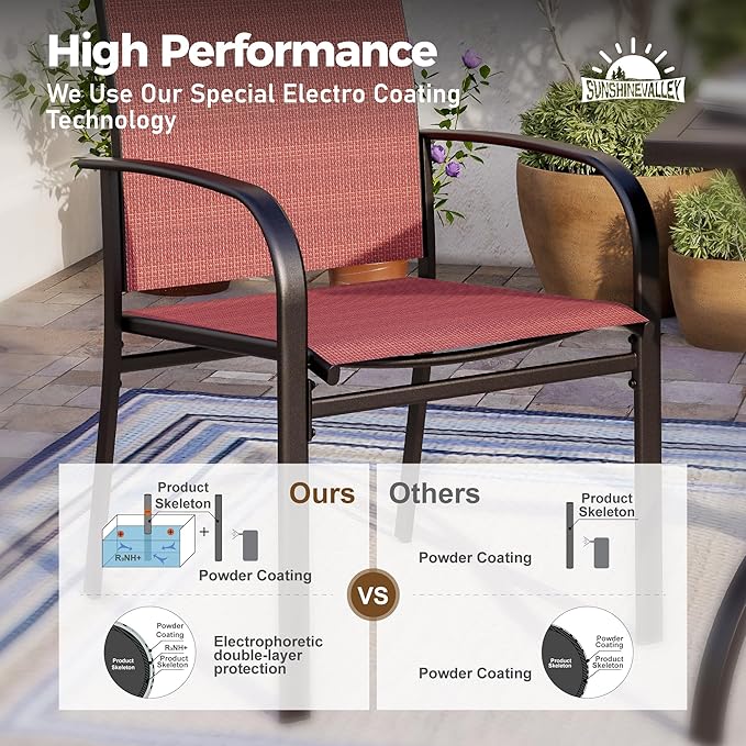 7 Piece Outdoor Dining Set for 6, 54" Round Metal Table with Umbrella Hole, 6 Red Dining Chairs, Patio Table and Chairs Set for Backyard Lawn