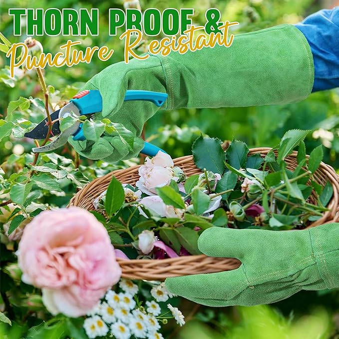 HANDLANDY Leather Gardening Gloves, Thorn Proof Long Gauntlet Heavy Duty Garden Gloves, Elbow Length Rose Pruning Weeding Yard Glove (Medium, Green)