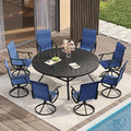 VICLLAX 9 Pieces Patio Dining Set for 8 Includes 60" Outdoor Round Table and 8 Patio Swivel Chairs for Lawn Garden, Black Tabletop and Blue Fabric