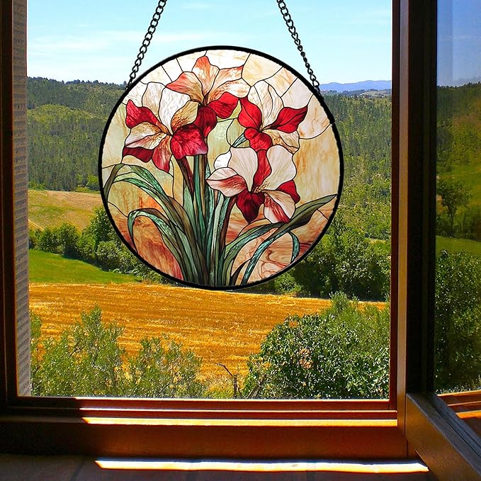 Stained Glass Window Hanging - Red Gladiolus Flower Suncatcher for Door Yard Sun Catchers Decor Christmas Mother's Day Birthday Gifts for Lovers Women Mom Nana Girlfriend Wife 6.3 in