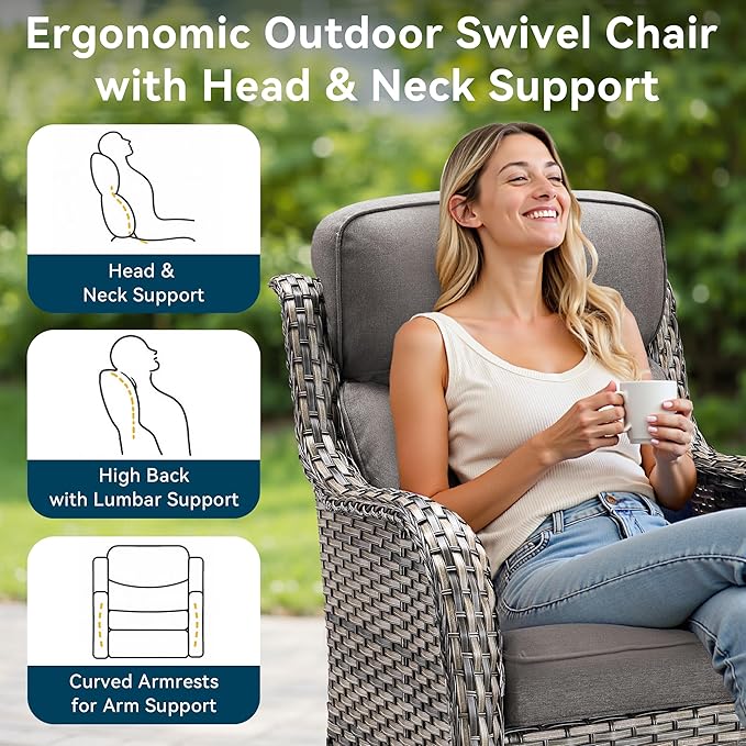 Luxury High Back Outdoor Swivel Rocker Patio Chairs with Side Table & 6-Inch Thick Cushions, 3 Pieces Patio Furniture Set for Porch, Balcony, Deck and Yard