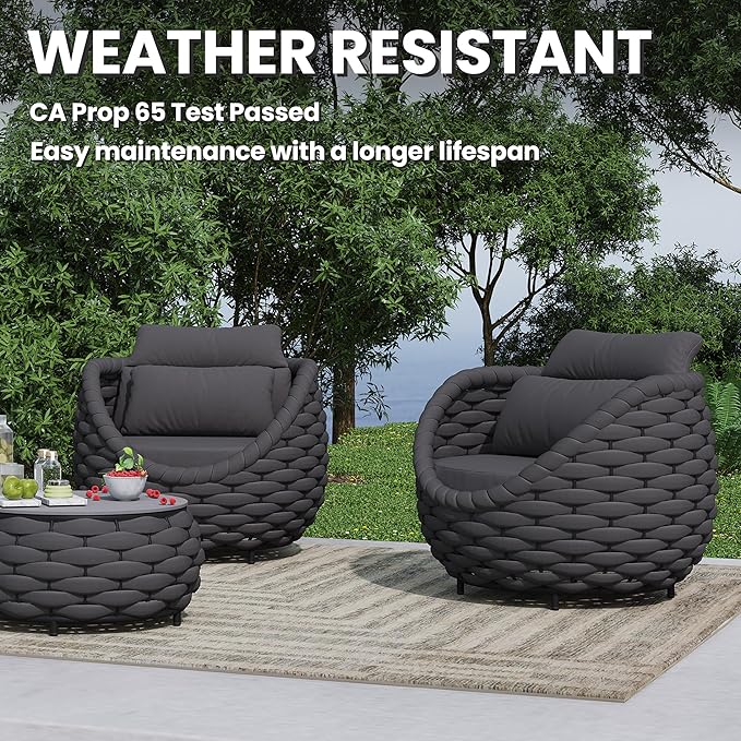 Front Porch Accent Chair: Aluminum Woven Rope Armchair Assembled - Cushioned Patio Single Chair w/Arms Modern - All Weather Balcony Furniture for 400lbs Outdoor Yard Deck Pool Hotel, Dark Gray