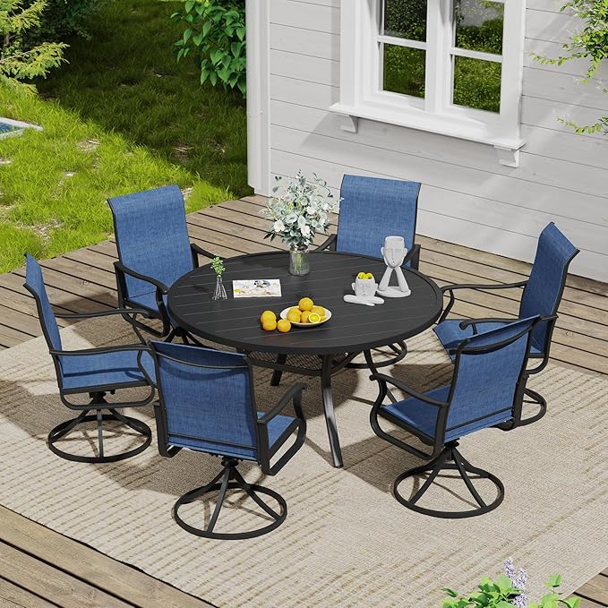 VICLLAX Outdoor Patio Round Dining Table, 47"x 47" Metal Slatted Round Tabletop with Adjustable Umbrella Hole for Deck Lawn Garden Backyard, Black