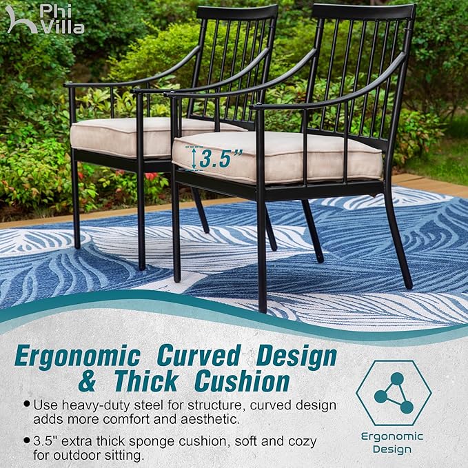 PHI VILLA Outdoor Metal Dining Chairs with Cushion, 300lbs Black Heavy Duty Weatherproof Chairs for Patio, Deck, Yard - Set of 2