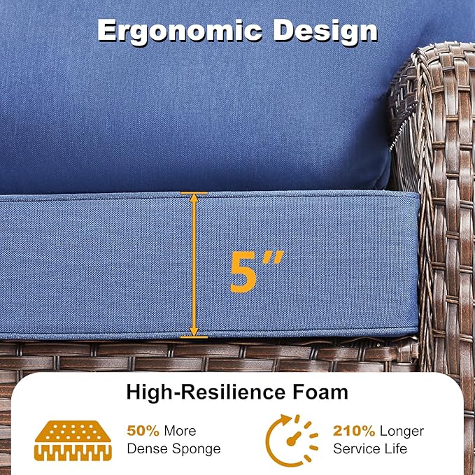 7 Pieces Patio Furniture Set Outdoor Sectional Sofa Couch with 4 Rocking Swivel Chairs 5" Deep Seat Chairs, Modern Wicker Rattan Conversation Set, Blue/Brown Wicker