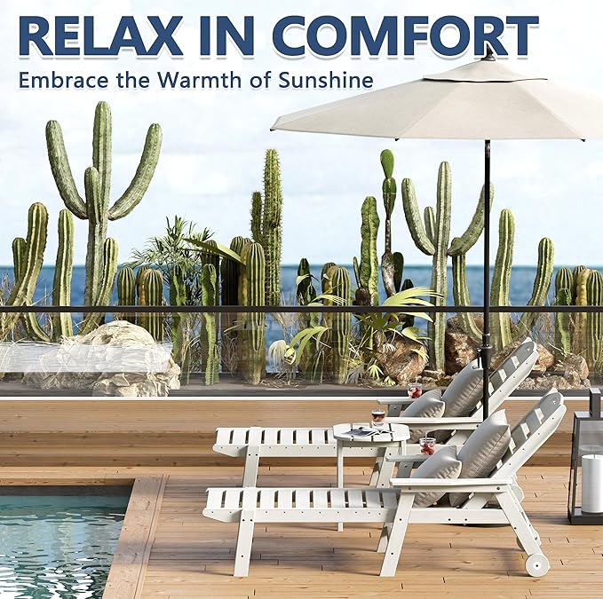 Patio Chaise Lounge Chair Set of 2, HDPE Outdoor Lounge Chairs with 5-Position Adjustable Backrest, Cup Holder and Wheels, 450lbs Capacity for Poolside Deck Backyard, All Weather Material(White)