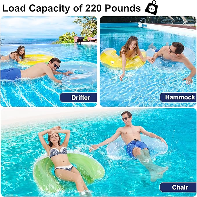3 Pack Pool Floats Adult, PuppyuWill Minimalist Design Pool Chair Float, 46"X36" Mood-Boosting Colors, Drifter, Chair, Hammock 3-in-1 Inflatable Pool Toys for Pool Party, Lake, River, Sea, Outdoor