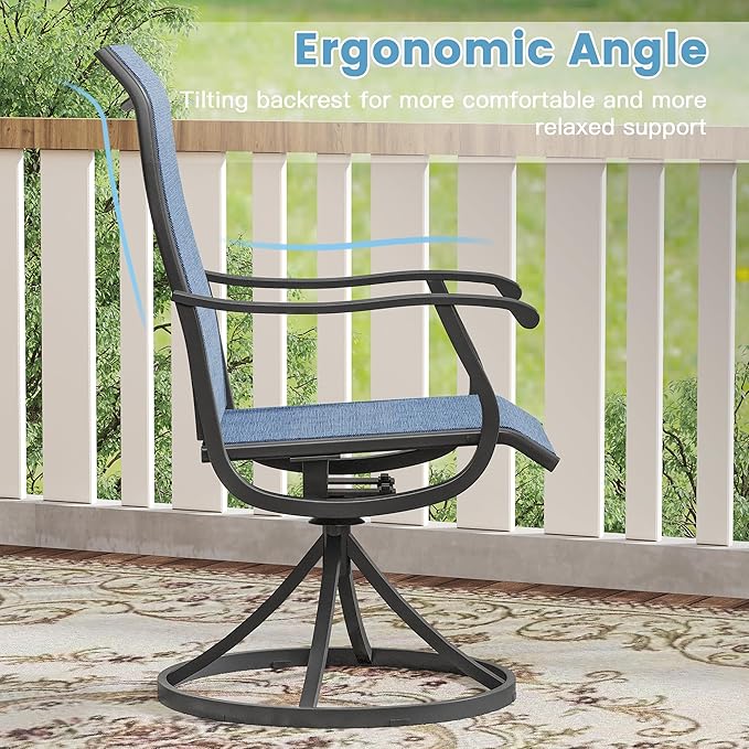 DIFY 5 Pieces Outdoor Patio Dining Set for 4, 40.2" Black Metal Square Dining Table and 4 Blue Textilene Swivel Dining Chairs, Outdoor Table and Chairs