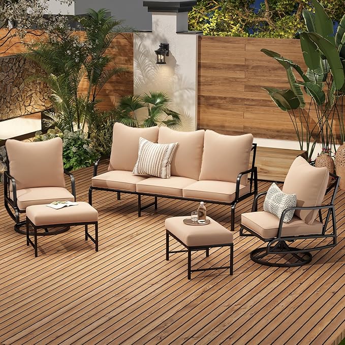 Soohow Patio Furniture Set, 5 Piece Outdoor Patio Furniture Set, 2 x Outdoor Swivel Chair, 1 x 3-Seats Sofa and 2 x Ottoman, Metal Conversation Set for Porch, Balcony, and Backyard