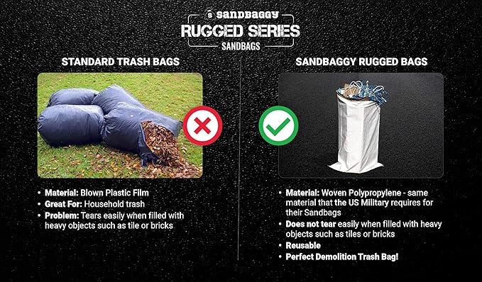 Sandbaggy Large Sandbags - Size: 25" x 40" - Thick Heavy Duty Contractor Bags, Heavy Duty Garbage Bags, Dumpster Bag, Construction Trash Bags, 6 mil (5 Bags)