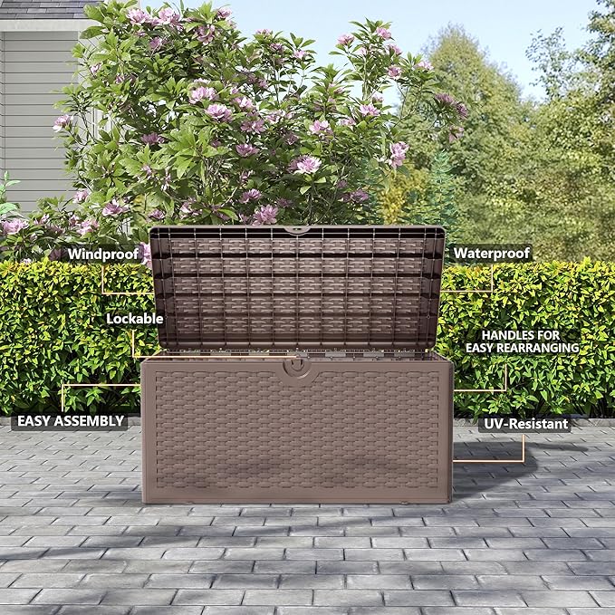 80 Gallon Pro Resin Deck Box, Waterproof Outdoor Storage Bin for Patio, Poolside, and Garden, Lockable & UV-Resistant,Brown