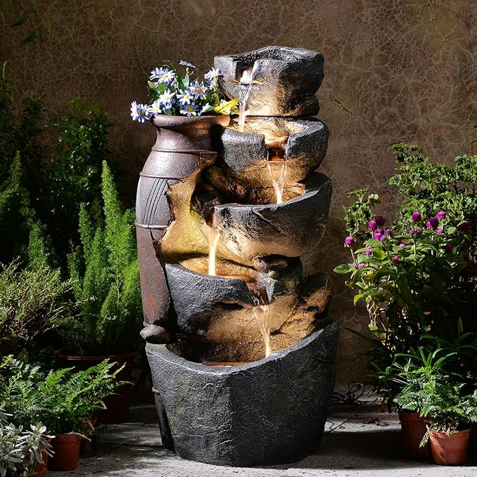5-Tiers Cascading Rock Jar Water Fountain Outdoor, 31.7" H Outside Fountains and Waterfalls with 4 LED Lights for Patio, Deck, Porch, Backyard and Home Art Docor