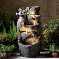 5-Tiers Cascading Rock Jar Water Fountain Outdoor, 31.7" H Outside Fountains and Waterfalls with 4 LED Lights for Patio, Deck, Porch, Backyard and Home Art Docor
