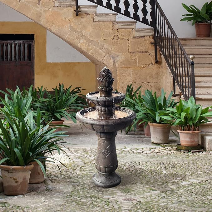 Teamson Home Deluxe Pineapple Pedestal 2 Tiered Floor Waterfall Fountain with Pump for Outdoor Patio Garden Backyard Decking, 39 Inch Height, Iron Gray
