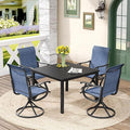 DIFY 5 Pieces Outdoor Patio Dining Set for 4, 40.2" Black Metal Square Dining Table and 4 Blue Textilene Swivel Dining Chairs, Outdoor Table and Chairs