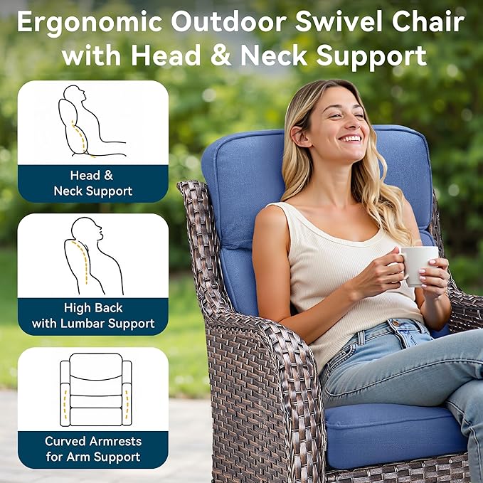 Luxury High Back Outdoor Furniture 6-Inch Thick Cushions with 50,000 BTU Gas Propane Fire Pit Tablet, Patio Furniture Set with Swivel Chairs, for Porch, Balcony, Deck and Yard