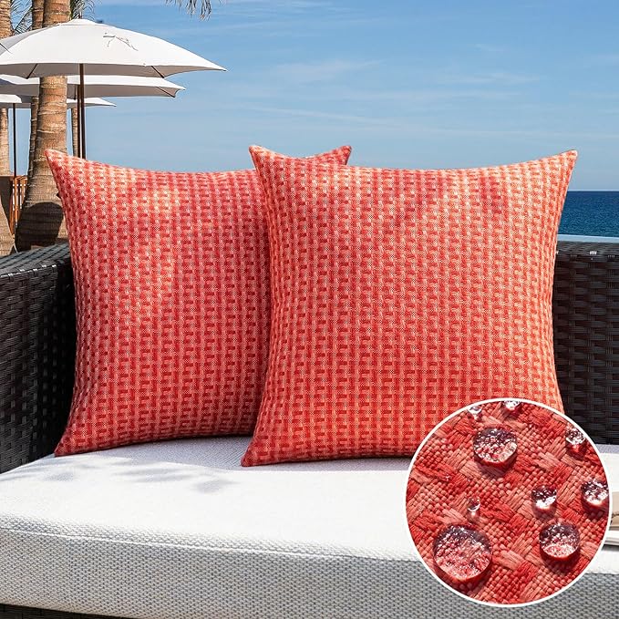 Kevin Textile Outdoor Waterproof Throw Pillow Covers Pack of 2 Weaving Texture Water Resistant Outside Decorative Cushion Covers for Garden Patio Tent Balcony Bench Couch Sofa 18x18 Inch, Red