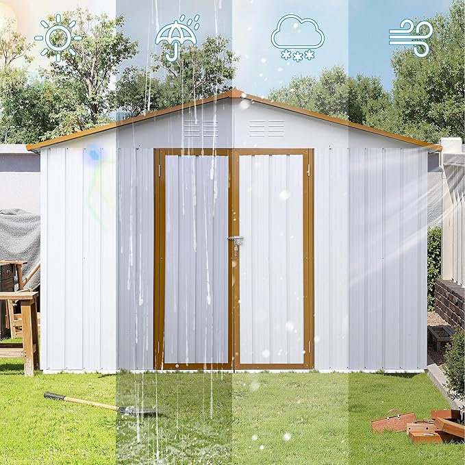 Sheds & Outdoor Storage 12 ft × 10 ft Storage Shed Large Classic Apex Roof Metal Garden Storage Sheds with Hinged Door Tool Cabinet for Backyard, Patio, Poolside, White + Yellow