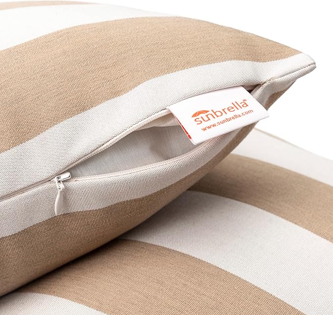 Austin Horn Classics Sunbrella Maxim Heather Beige - Cabana Stripe, Zippered & Reversible 18-inch x 18-inch Pillow Cover ONLY (Set of 2) Indoor/Outdoor Easy Clean Fill Sold Seperately