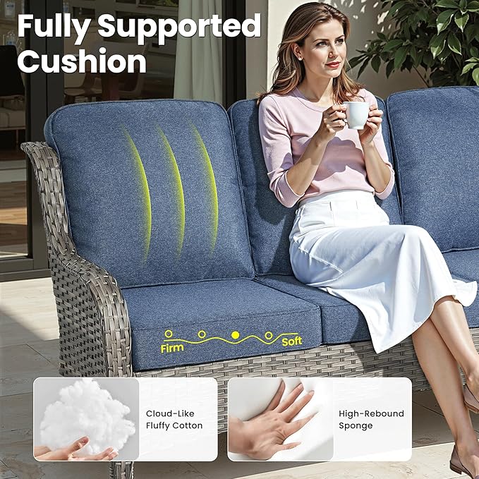 ovios 10 Pieces Patio Furniture Set, Outdoor Wicker Sofa Couch with Swivel Chairs 54" Fire Pit Table, High Back All Weather Modern Conversation Sets, Grey Rattan, Denim Blue
