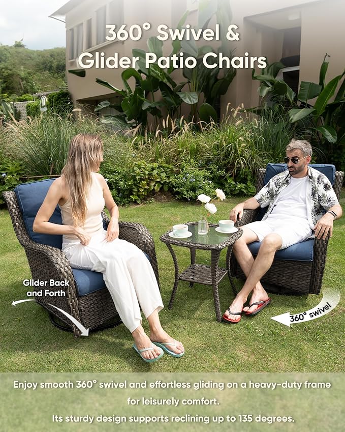 HUMMUH Patio Furniture Set with Fire Pit Table 5-Piece Wicker Outdoor Swivel Rocker Patio Chairs Loveseat Conversation Set for Porch, Backyard, Deck