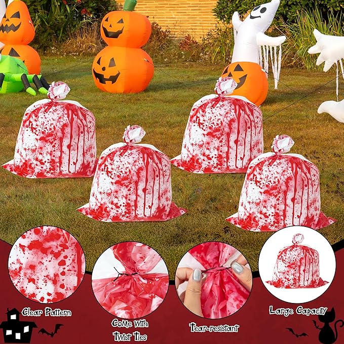 CNhoqc Halloween Lawn Leaf Bags - 8Pcs Halloween Bloody-Themed Thick Plastic Garbage Bags with Twist Ties, Fall Yard Leaf Trash Equiement, Reusable Plastic for Garden Outdoor Decorations Party Favor