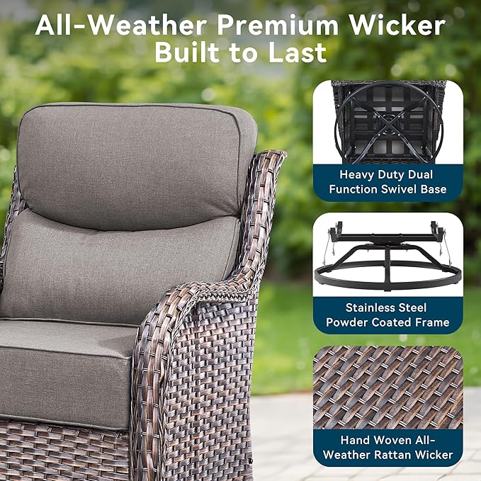 Luxury High Back Outdoor Furniture 6-Inch Thick Cushions with 50,000 BTU Gas Propane Fire Pit Tablet, Patio Furniture Set with Swivel Chairs, for Porch, Balcony, Deck and Yard