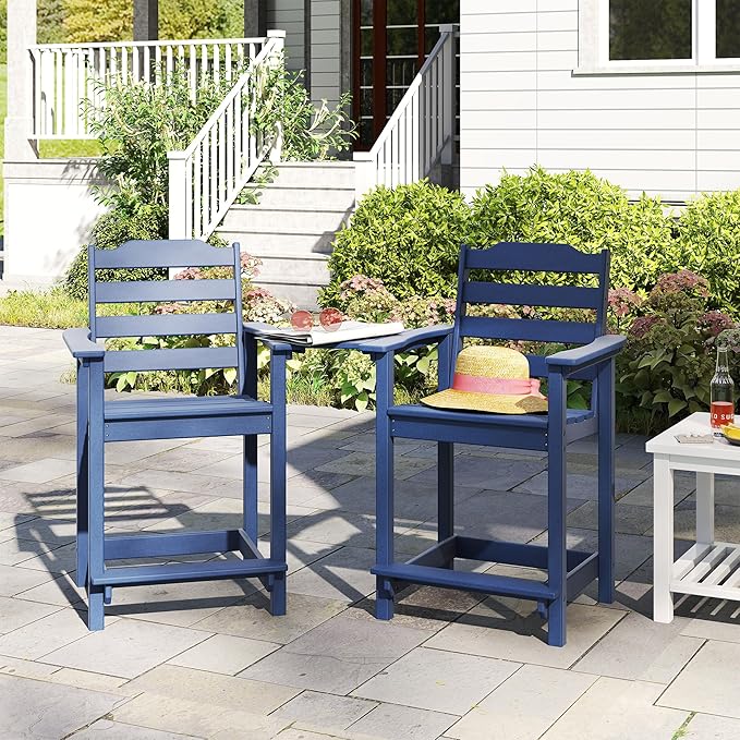 OTSUN Tall Adirondack Chairs Set of 2 with Connecting Tray, 24 inches HDPE Bar Height Outdoor Chairs, All Weather Resistant for Balcony, Porch, Kitchen (2 PC, Navy Blue)