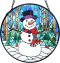 TNUW Snowman Christmas Stained Glass Window Hanging, Rustic Winter Xmas Snowman Sun Catchers Indoor Window Glass Round Wall Art Decor, Christmas Sculptures, Statues, Suncatchers, 7.9＂x7.9＂
