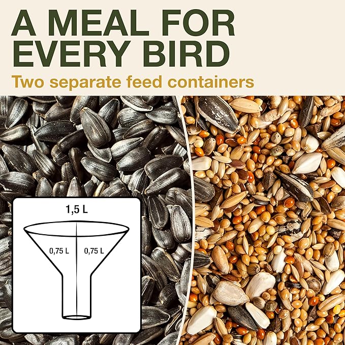 SWISSINNO No Mess Bird Feeder Davos Smart Birds - No Spill Bird Feeder for Outdoor - Mice & Rat Proof - Robust & Reliable for Hanging - Dual Food Chambers - Made in EU - Green