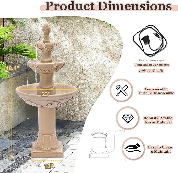 MAGIC UNION Outdoor Garden Water Fountains, 48.4''H Italian Style Fountains and Waterfalls Outside, 3-Tier Large Bubbler Cascading Indoor Floor Water Fountain Features with Pump for Home Yard Decor