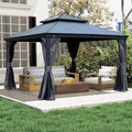 Domi 12’x12’ Hardtop Gazebo with Gutters, Outdoor Patio Gazebo Canopy with Resin & Metal Roof, Heavy Duty Permanent Pavilion for Backyard, Deck, Hot Tub, Curtains and Mosquito Netting Included