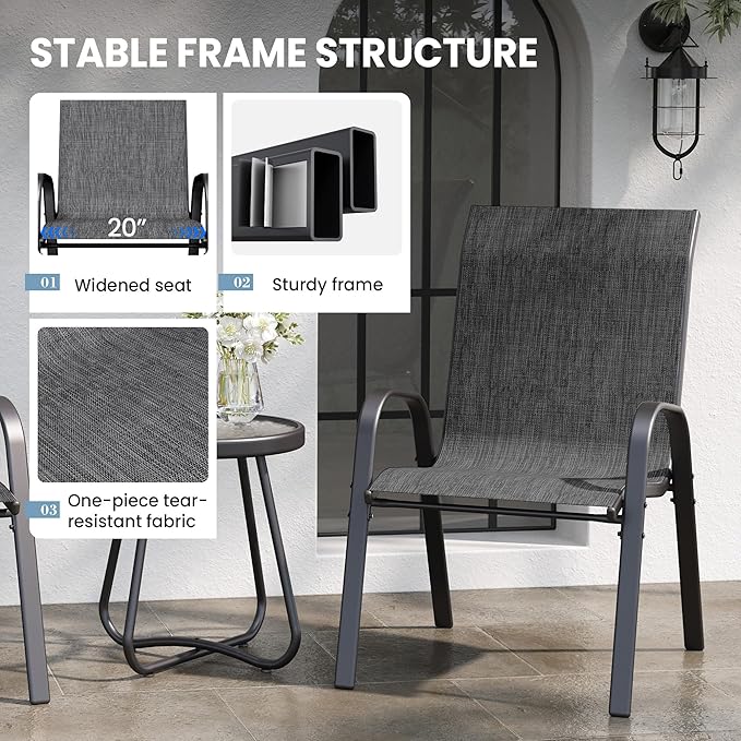 Patio Table and Chairs Set - 3 Piece Outdoor Stackable Dinging Chairs for All Weather,Breathable Garden Furniture for Deck Garden Backyard (Dark Grey)