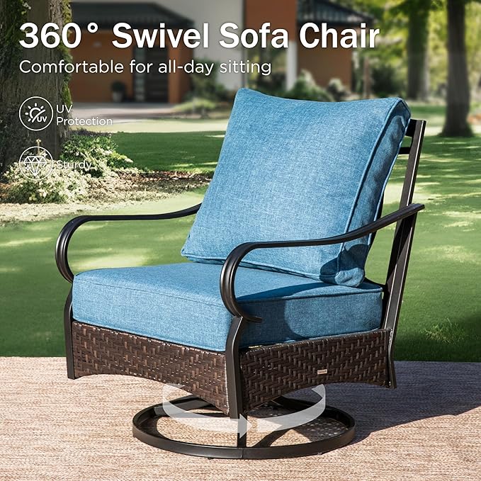 Patio Furniture Set with 56" Fire Pit Table, Premium Outdoor Wicker Metal Frame Furniture with Upgraded Waterproof Thick Cushions for Porch, Poolside, Deck, and Yard（4 Pieces,Navy