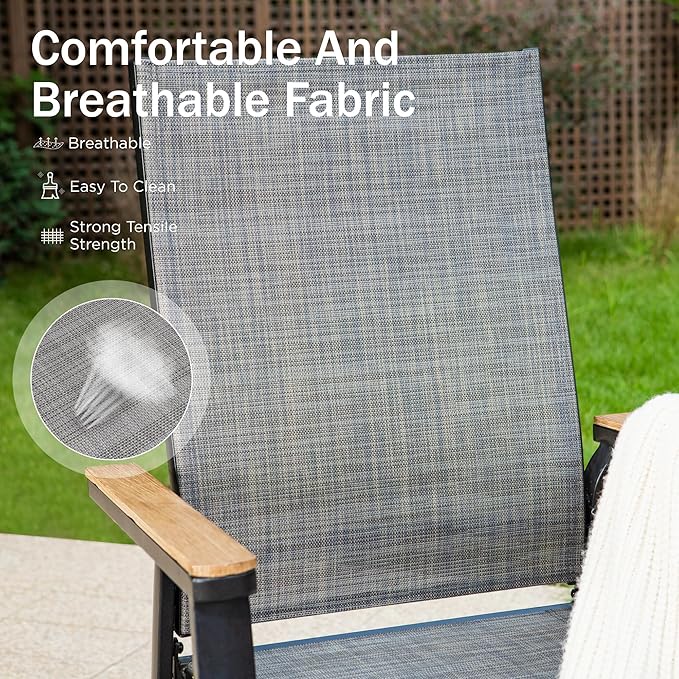 PHI VILLA Outdoor Stackable Chairs, Patio Chairs Set of 2, Light Weight Aluminum Frame with Textilene Fabric & Wood Armrest, High Back Deck Chairs for Poolside Lawn Garden, Gray