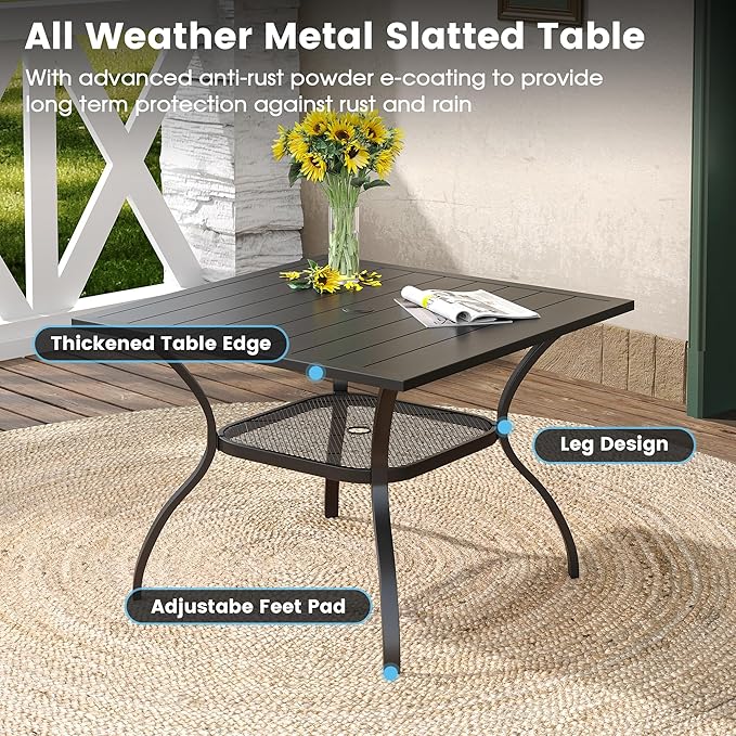 DIFY Square Patio Dining Table for 4, 38" Black Outdoor Metal Dining Table with 1.57" Umbrella Hole for Backyard, Lawn, Garden and Deck