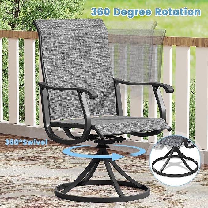 DIFY 7 Pieces Outdoor Patio Dining Set, 6 Dark Grey Textilene Swivel Dining Chairs and 47.2" Black Round Metal Dining Table, Outdoor Table and Chairs
