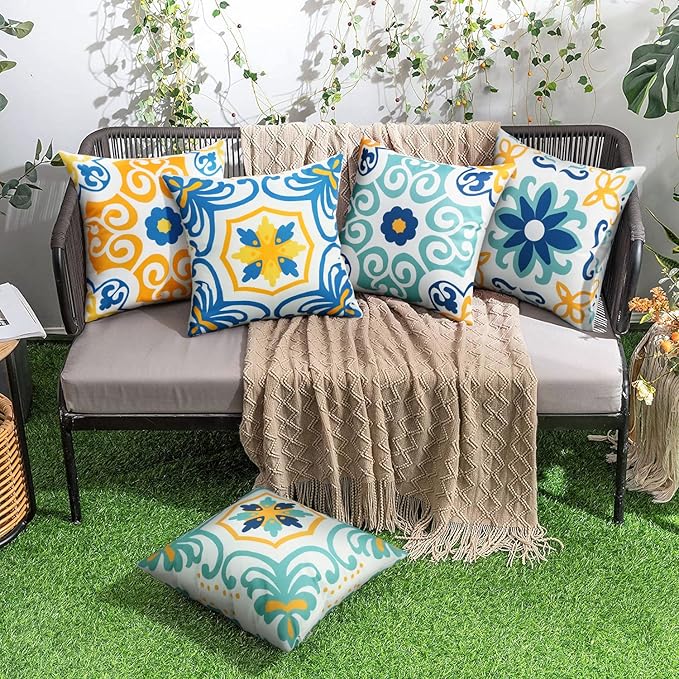 Pyonic Outdoor Pillow Covers 16x16 Spring Summer Garden Waterproof Throw Pillow Covers Cushion Case Patio Pillows for Couch Tent,Set of 4,Blue