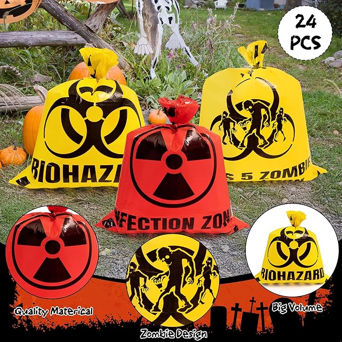 CNhoqc Halloween Lawn Trash Bags - 18Pcs Zombie Warning Reusable Waste Bags with Twist Ties, Fallen Leaf Grass Clipping Trash Container, Heavy-Duty Plastic for Biohazard Parties Outdoor Decorations