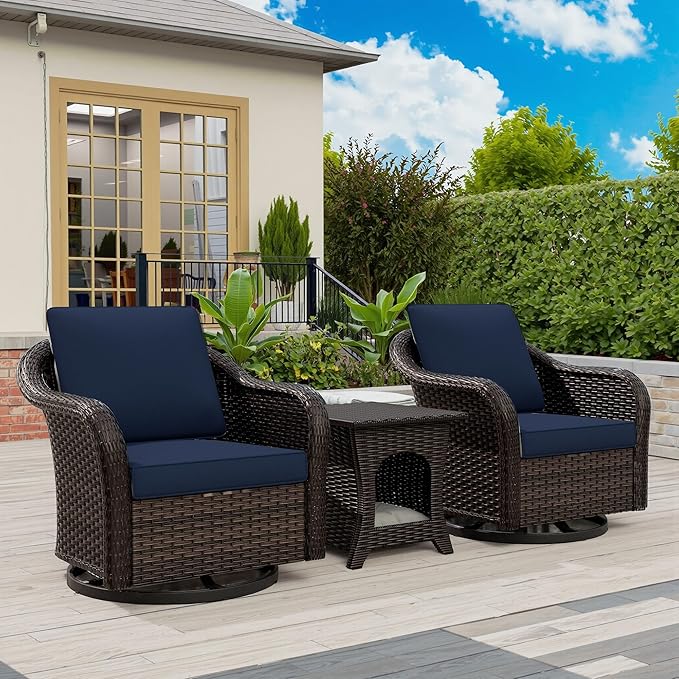 Vista Vibe Outdoor Wicker 360 Degree Swivel Glider Rocker Chairs Set of 2 with Cat Nest Side Table, All-Weather Rattan Patio Conversation Furniture Set with Washable Cushions for Balcony, Yard (Navy)