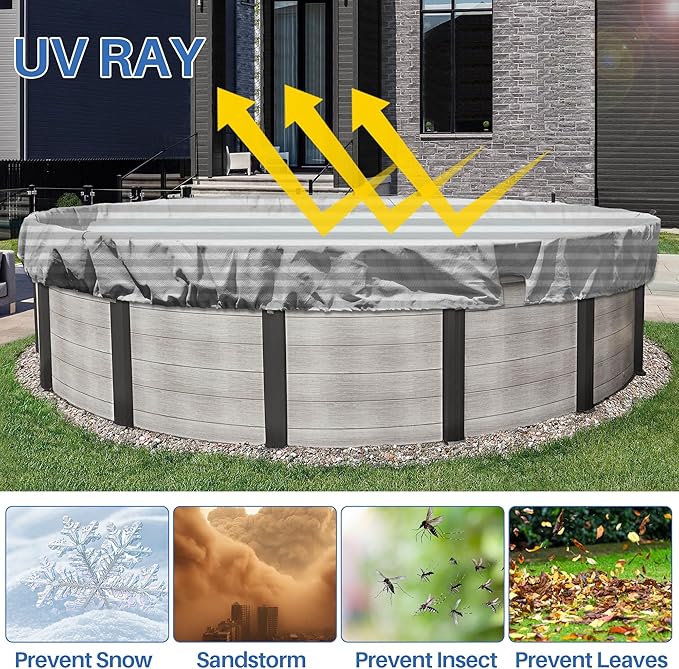 ECOOPTS 7 ft Round Pool Cover for Above Ground Pools, Swimming Pool Cover Protector Winter Safety Cover (Gray White Stripes)