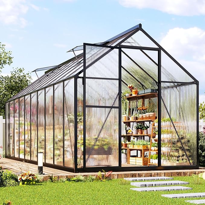 Jocisland 6x20Ft Polycarbonate Greenhouses for Outdoors, 2 Top-Opening Windows, Swing Doors, Aluminum Walk-in Heavy Duty for Outdoor Use, Backyard Garden, Black