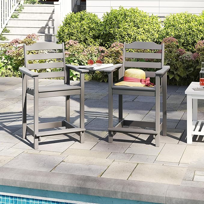 OTSUN Tall Adirondack Chairs Set of 6 with Connecting Tray, 24 inches HDPE Bar Height Outdoor Chairs, All Weather Resistant for Balcony, Porch, Kitchen (6 PCS, Grey)