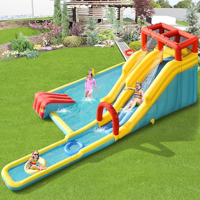 BOUNTECH Inflatable Water Slide, Dual Surfing Slides Kids Water Park Jump Bouncy Castle w/Swimming Rings, GFCI Blower, Large Splash Pool, Backyard Outdoor Blow up Water Slides Inflatables for Big Kids
