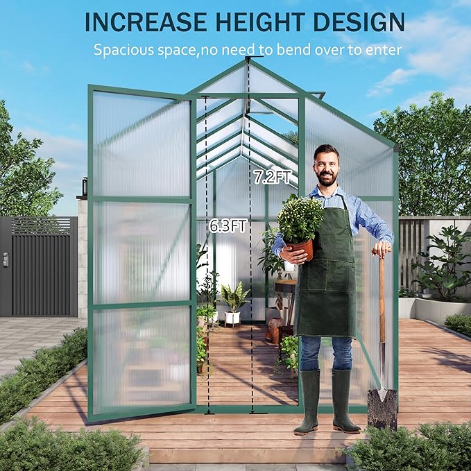 86in High 6*10.2FT Greenhouse for Outdoors, Polycarbonate Greenhouse with Stronger Wind Protection and Roof Vent, Walk-in Large Aluminum Sunroom Winter Proof, Green