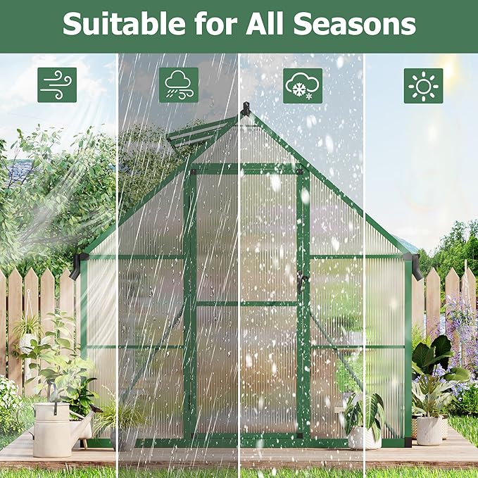 8x10 FT Outdoor Greenhouse, Polycarbonate Greenhouse with Roof Vent and Ground Nails, Aluminum Large Walk-in Green House w/Lockable Push Door for Outside Garden Backyard (Green, 8x10 FT)